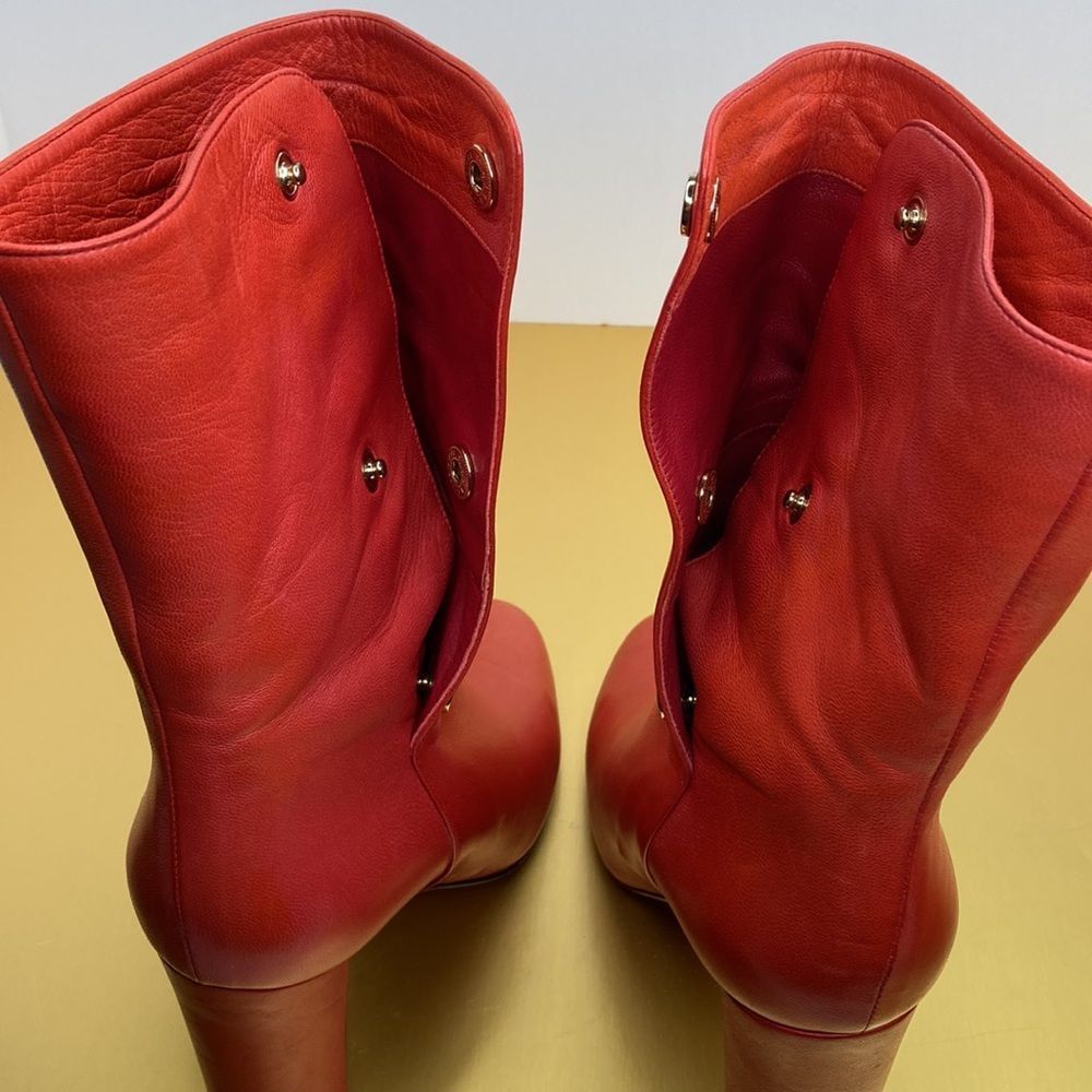 Jimmy Choo Boots Dayno Leather Mid Calf Vibrant Red Gold Button Closure Boots - Picture 14 of 16